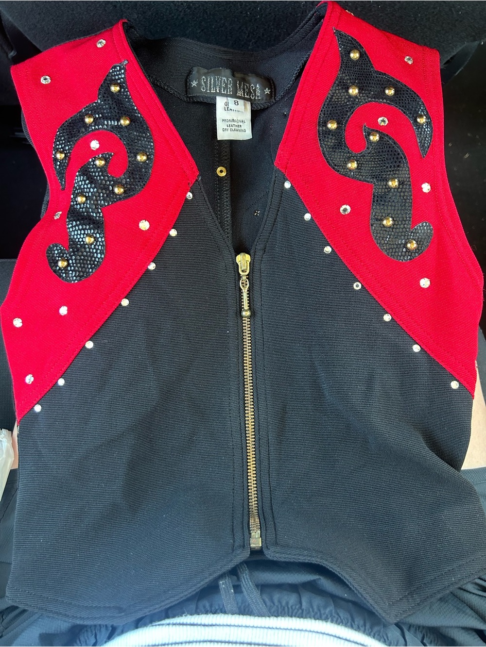 Silver Mesa Black and Red Embellished Zip Vest - Genuine Leather - VINTAGE